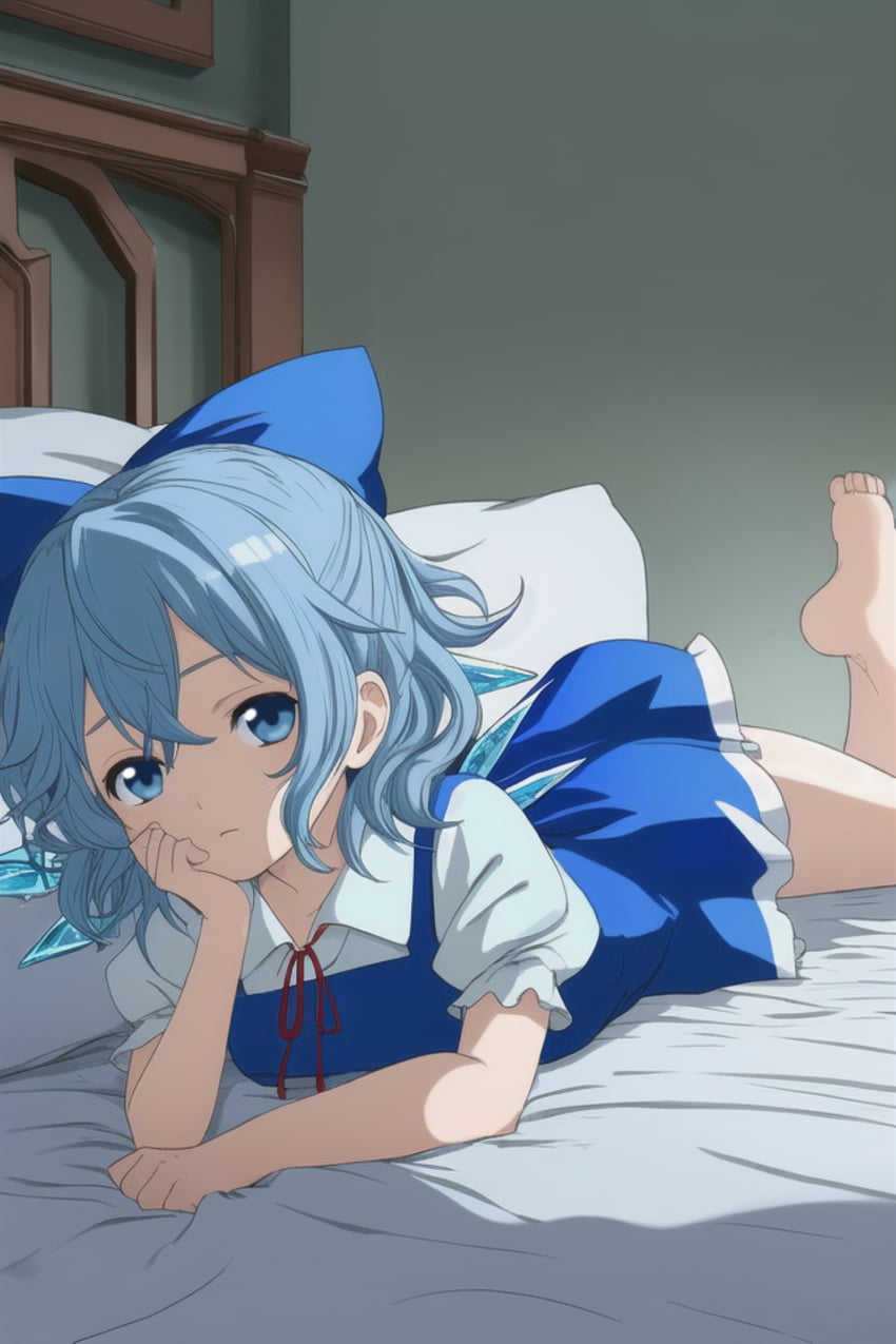 1girl, barefoot, bed, blue_bow, blue_dress, blue_eyes, blue_hair, bow