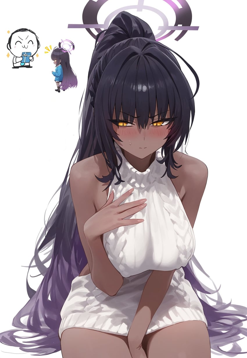 1boy, 1girl, aiart_fring, alternate_costume, bangs, bare_shoulders, black_hair, blue_archive