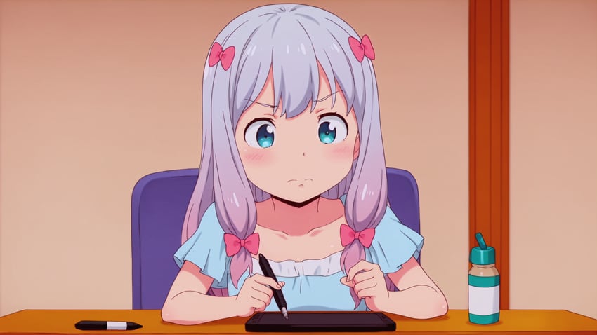 1girl, aqua_eyes, bangs, blue_shirt, blush, bow, chair, child