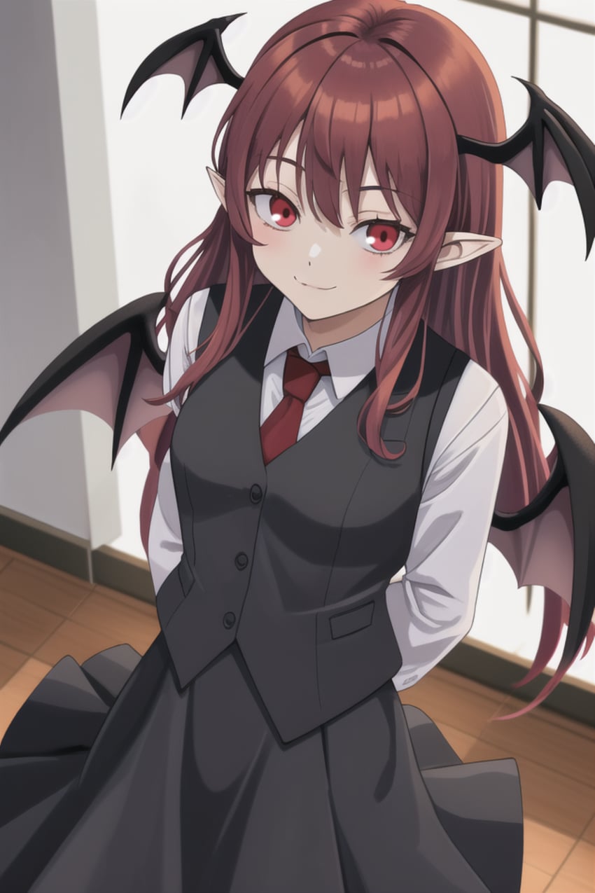 1girl, arms_behind_back, bat_wings, black_skirt, black_vest, breasts, closed_mouth, cowboy_shot