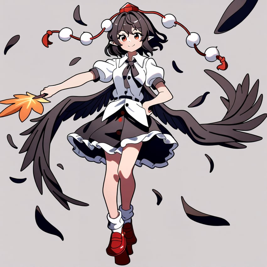 1girl, bangs, belt, bird_wings, black_belt, black_feathers, black_hair, black_ribbon