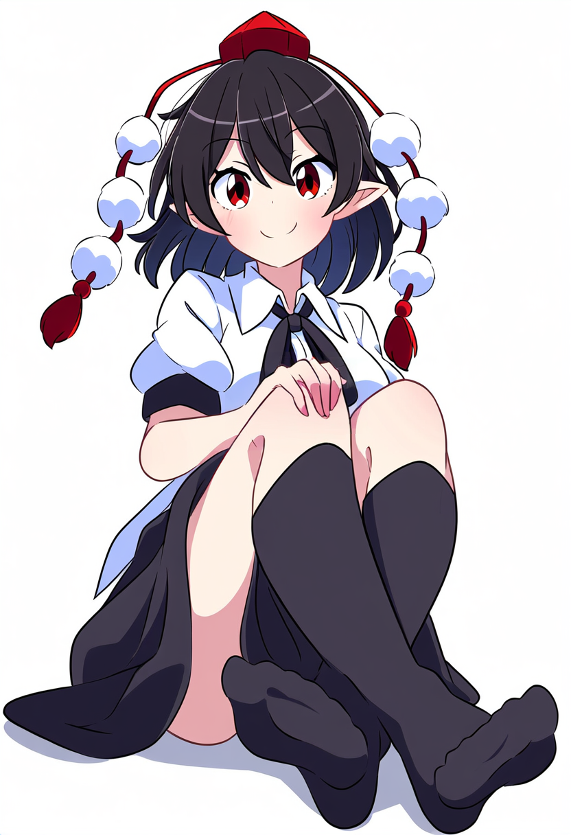 1girl, bangs, black_hair, black_ribbon, black_skirt, black_socks, blush, closed_mouth