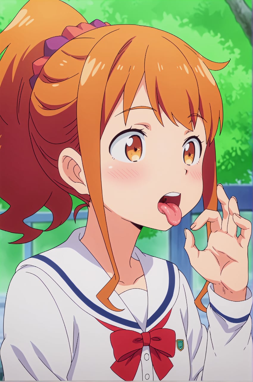 1girl, blush, bow, bowtie, eromanga_sensei, fellatio_gesture, highres, jinno_megumi, loliconking, lora, metadata_request, model_request, open_mouth, oral_invitation, orange_eyes, orange_hair, outdoors, ponytail, red_bow, sailor_collar, school_uniform, scrunchie, self-upload, serafuku, sidelocks, solo, tongue, tongue_out, tree, upper_body