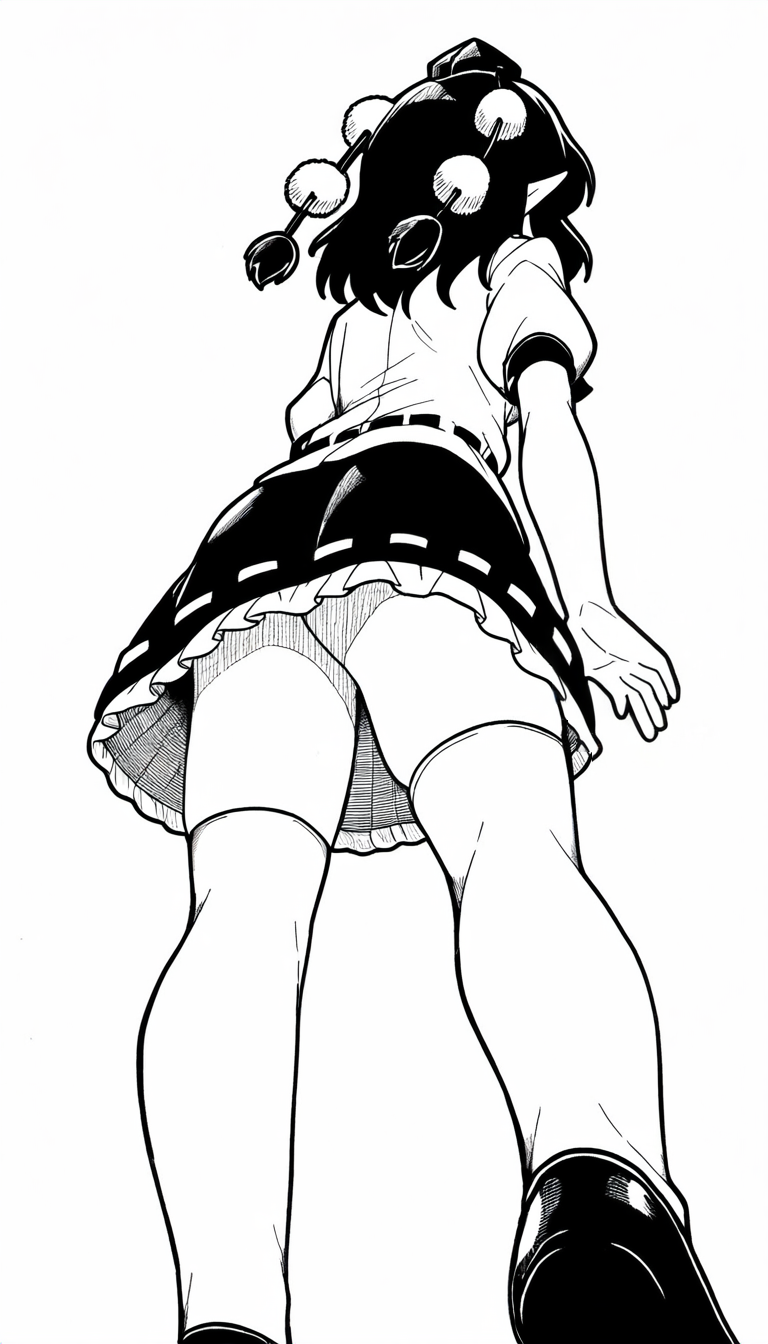 1girl, ass, from_behind, from_below, greyscale, hat, lo558, monochrome, novelai, panties, pantyshot, pointy_ears, pom_pom_(clothes), shameimaru_aya, shirt, short_hair, short_sleeves, simple_background, skirt, socks, solo, thighhighs, tokin_hat, touhou, underwear, upskirt, white_background