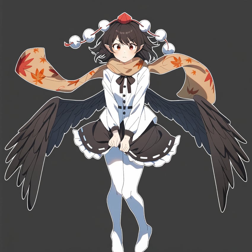 1girl, bird_wings, black_hair, black_ribbon, black_skirt, black_wings, blush, brown_scarf