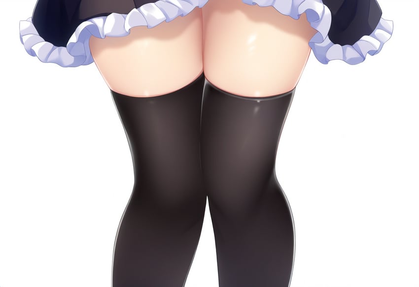 1girl, black_skirt, black_socks, black_thighhighs, commentary_request, frilled_skirt, frills, japanese_commentary, knees_together_feet_apart, legs, lo558, lower_body, miniskirt, novelai, shameimaru_aya, shiny, simple_background, skindentation, skirt, socks, solo, standing, thighhighs, thighs, touhou, white_background, zettai_ryouiki