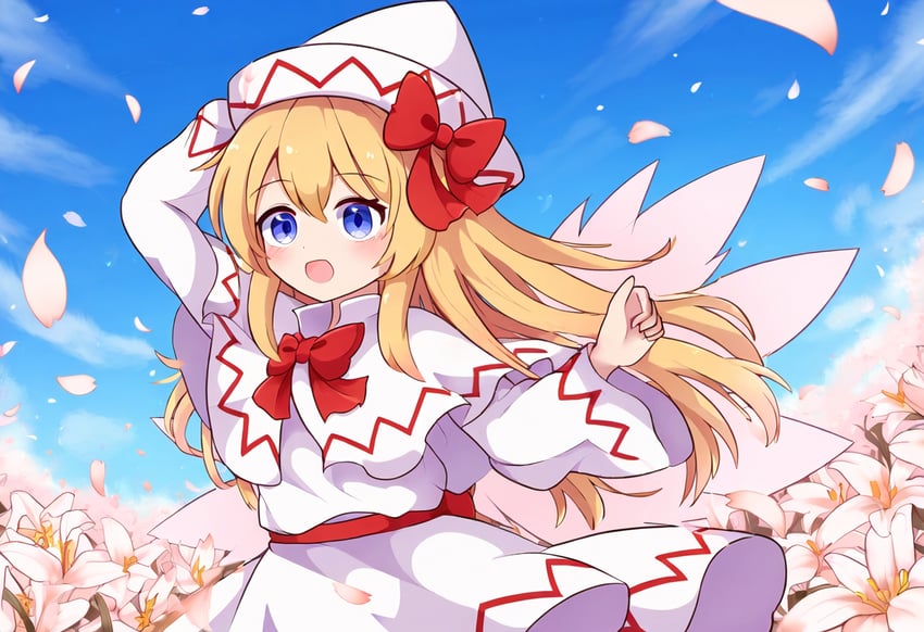 1girl, blonde_hair, blue_eyes, blue_sky, bow, bowtie, capelet, dress