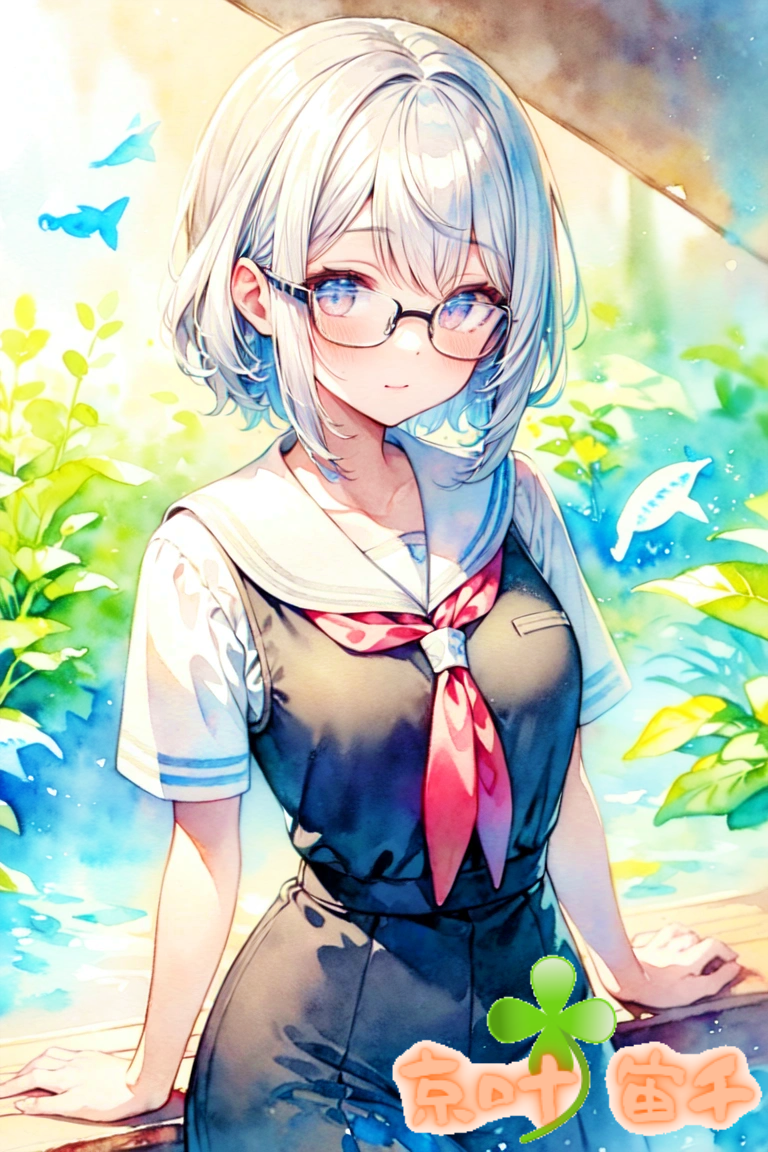 1girl, aquarium, bangs, blue_eyes, closed_mouth, cowboy_shot, fish, glasses
