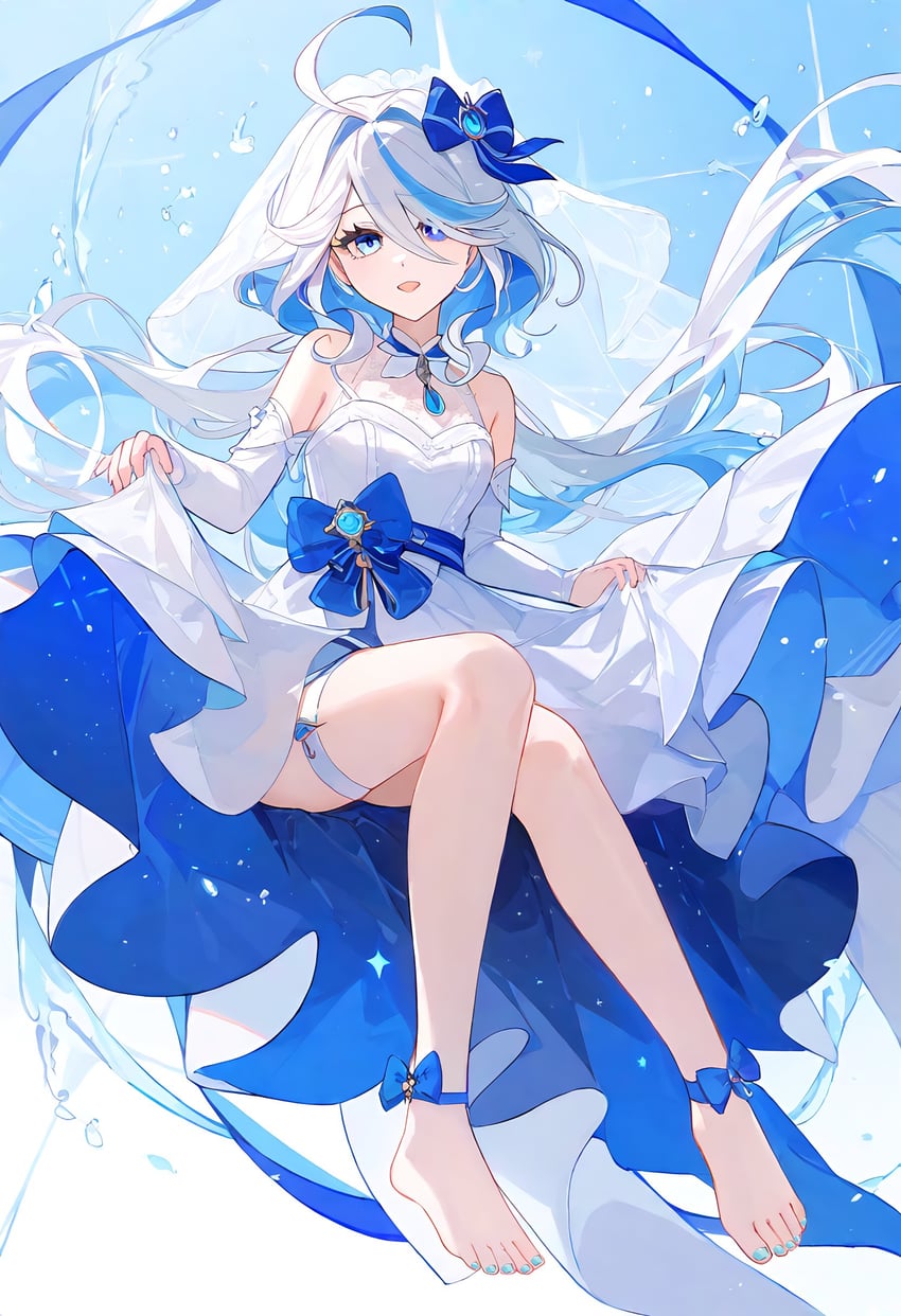 1girl, :d, absurdres, ahoge, ankle_ribbon, bangs, bare_legs, bare_shoulders