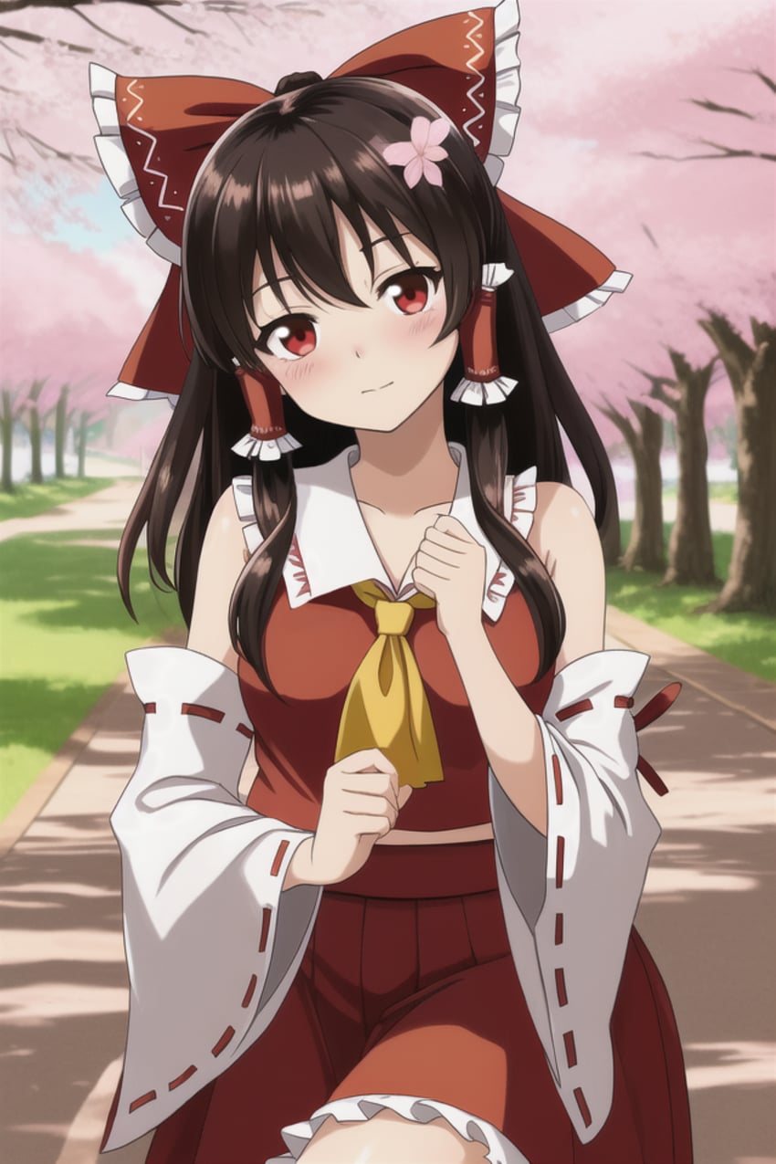 1girl, ascot, bare_shoulders, black_hair, blush, bow, brown_hair, cherry_blossoms, cherry_tree, commentary_request, detached_sleeves, flower, frilled_bow, frills, hair_bow, hair_ornament, hair_tubes, hakurei_reimu, head_tilt, highres, japanese_commentary, kgmraisys, long_hair, looking_at_viewer, metadata_request, model_request, outdoors, partial_commentary, plant, red_bow, red_eyes, red_skirt, ribbon-trimmed_sleeves, ribbon_trim, skirt, skirt_set, solo, touhou, tree, wide_sleeves, yellow_ascot