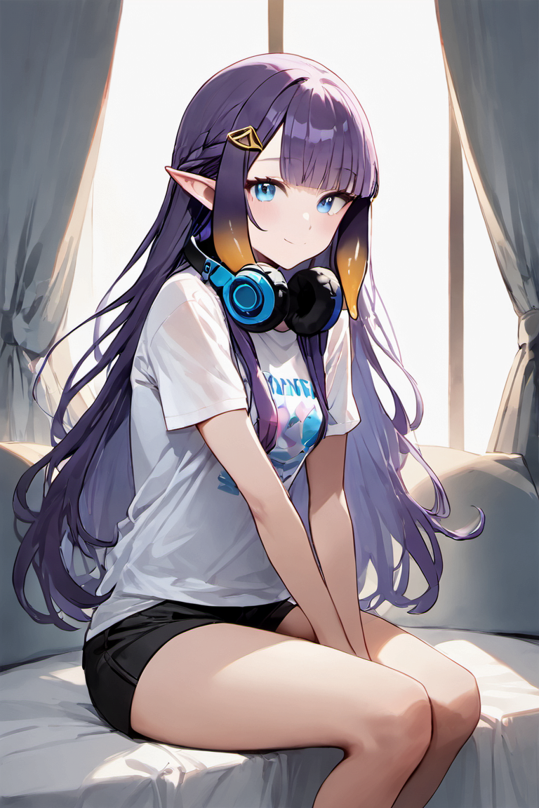 1girl, bangs, between_legs, black_shorts, blunt_bangs, chelokot, closed_mouth, curtains