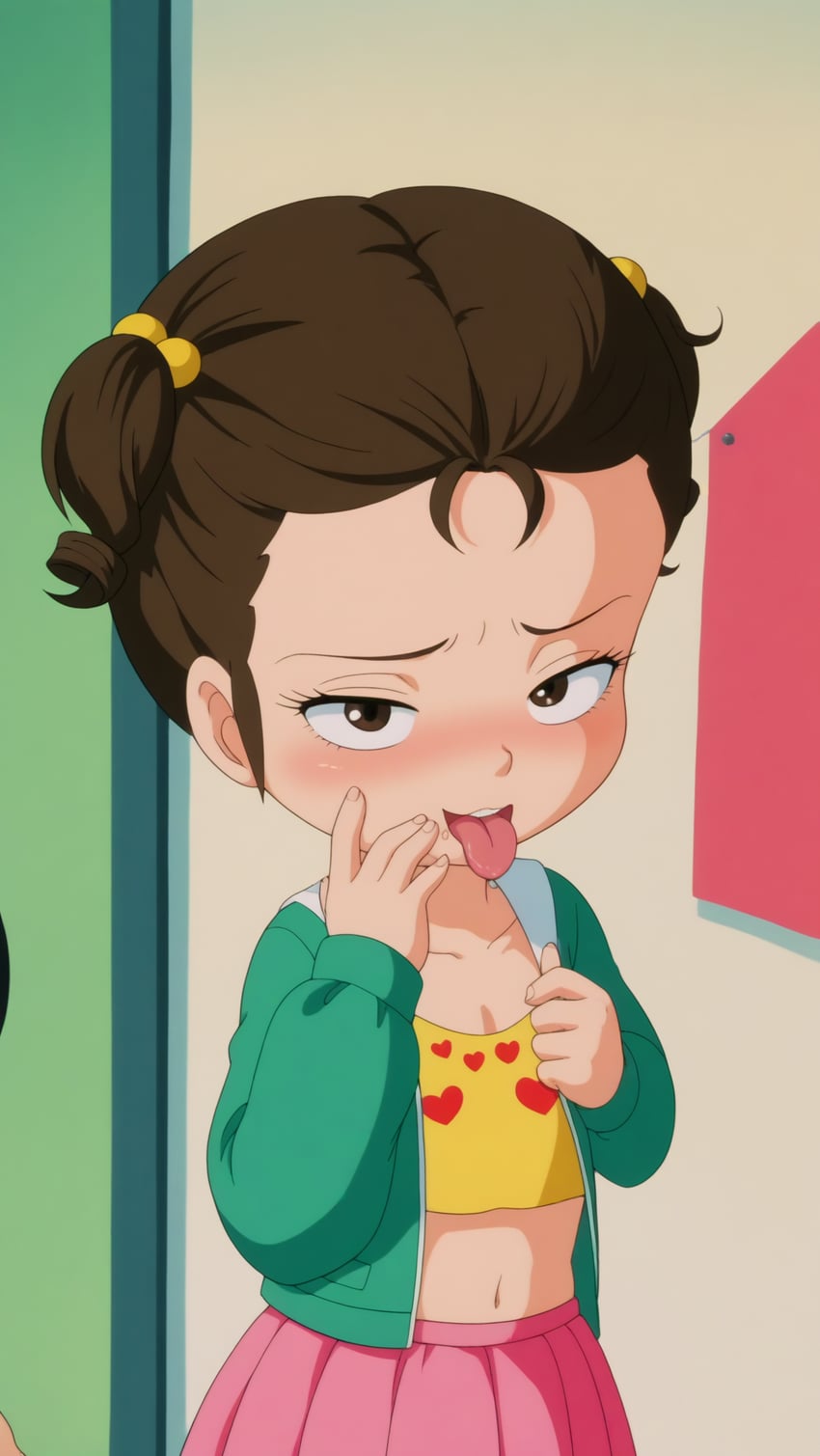 1girl, anime_coloring, autismmix, blush, brown_eyes, brown_hair, flat_chest, green_jacket