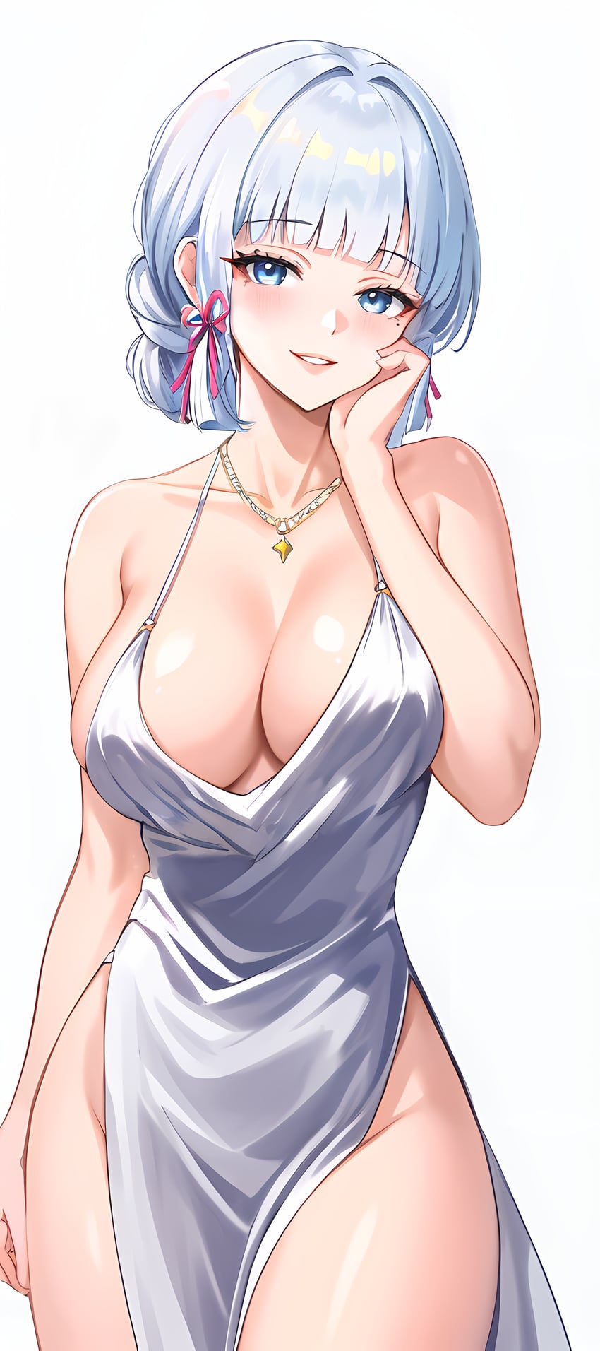 1girl, absurdres, bangs, bare_shoulders, blue_eyes, blunt_bangs, blunt_tresses, breasts, cleavage, collarbone, dress, genshin_impact, grey_dress, grey_hair, hair_ribbon, hand_on_own_cheek, hand_on_own_face, highres, jewelry, kamisato_ayaka, large_breasts, looking_at_viewer, model_request, mole, mole_under_eye, necklace, parted_lips, pelvic_curtain, pink_ribbon, ribbon, short_hair, side_slit, simple_background, solo, tannashi, white_background