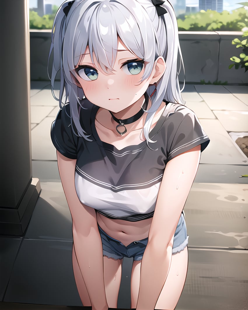 1girl, alternate_costume, black_choker, black_shirt, blue_shorts, breasts, choker, closed_mouth