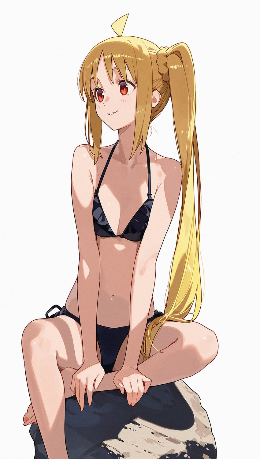 1girl, absurdres, ahoge, bare_shoulders, bikini, black_bikini, blonde_hair, blush