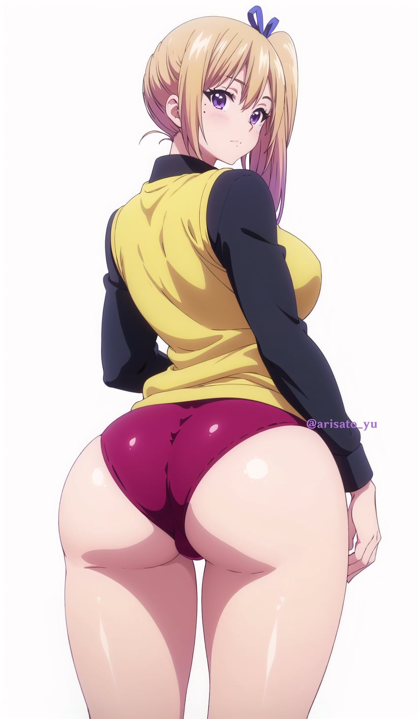 1girl, absurdres, arisato_yu, ass, black_shirt, blonde_hair, blush, breasts, buruma, english_commentary, from_behind, gradient_hair, hair_ribbon, highres, incredibly_absurdres, kawakami_mai, large_breasts, long_hair, long_sleeves, looking_at_viewer, looking_back, model_request, mole, mole_on_thigh, mole_under_eye, multicolored_hair, musaigen_no_phantom_world, purple_eyes, ribbon, shirt, side_ponytail, simple_background, solo, sweater_vest, thighs, white_background
