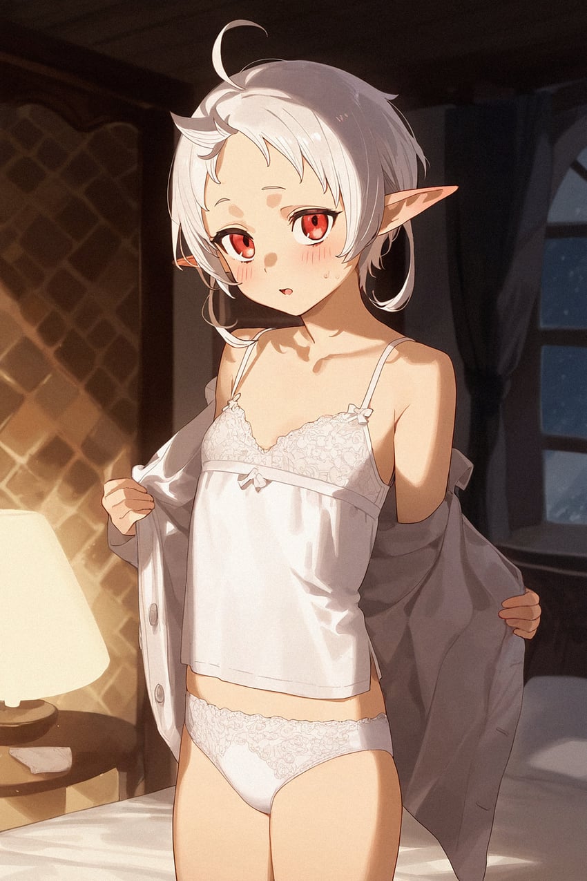 1girl, absurdres, ahoge, bare_shoulders, blush, bow, camisole, cowboy_shot
