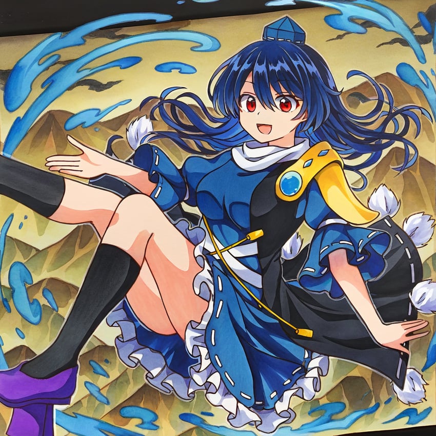 1girl, armor, black_coat, black_socks, blue_dress, blue_hair, blue_headwear, breasts