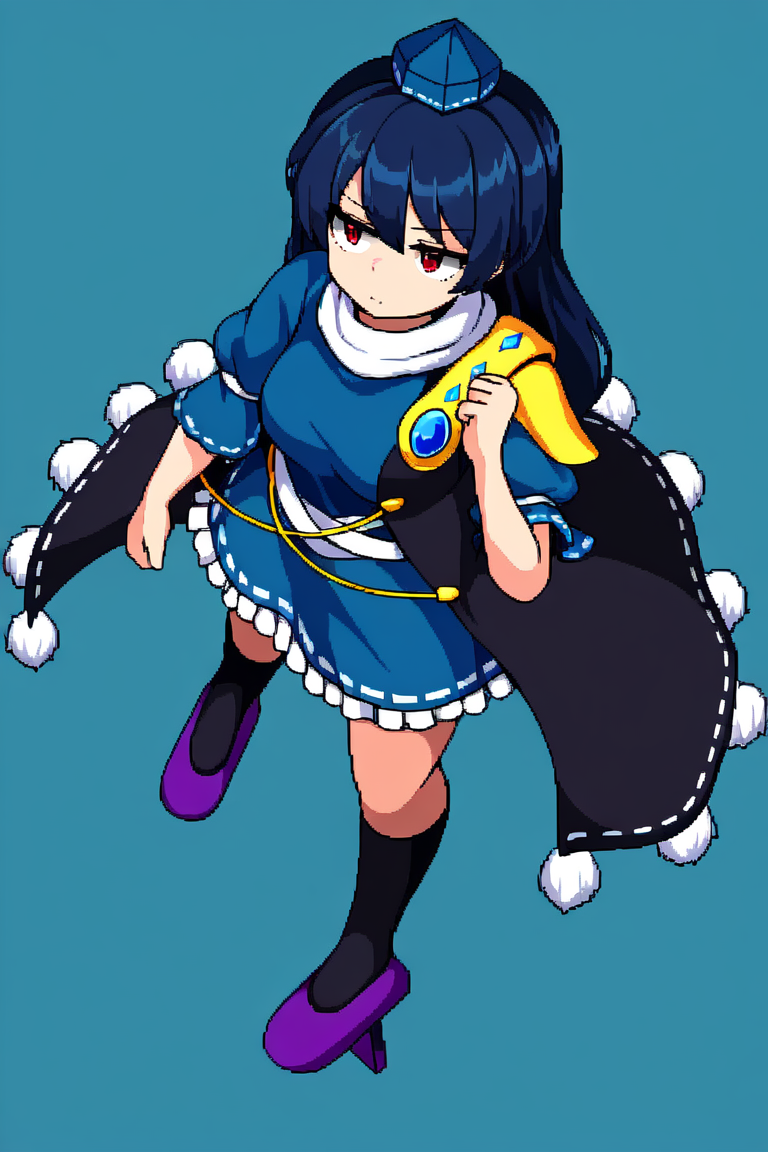 1girl, armor, black_coat, blue_background, blue_dress, blue_hair, breasts, coat