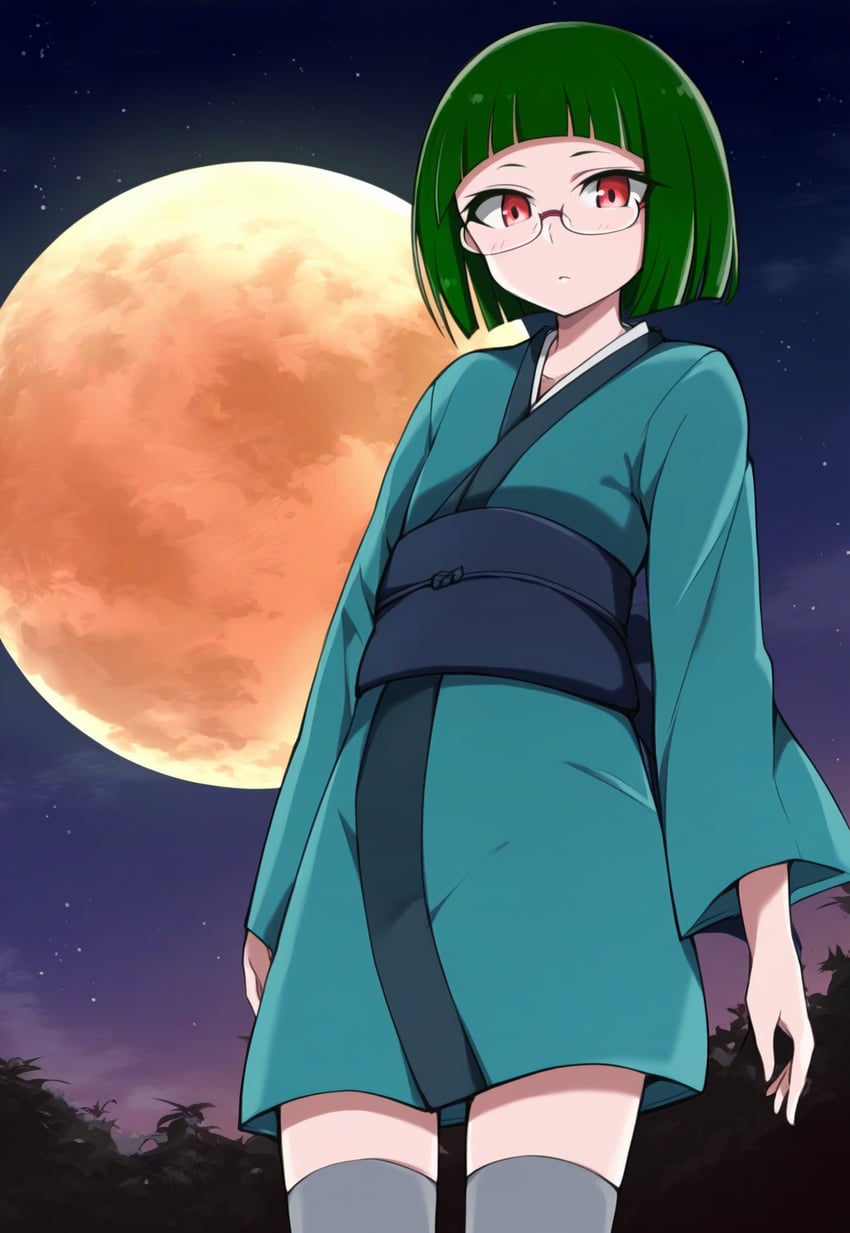 1girl, aqua_kimono, arms_at_sides, bangs, blunt_bangs, blush, bob_cut, closed_mouth