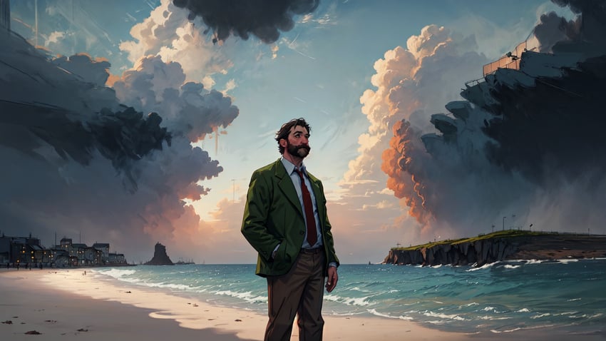 1boy, beach, brown_pants, cloud, collared_shirt, convergence_(model), disco_elysium, evakuator