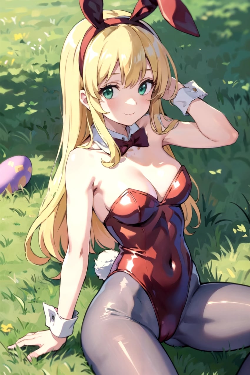 1girl, animal_ear_hairband, animal_ears, bangs, bare_shoulders, blonde_hair, blush, bow, bowtie, breasts, cleavage, closed_mouth, covered_navel, detached_collar, easter_egg, egg, ellen_(touhou), fake_animal_ears, fake_tail, first-party_edit, grass, green_eyes, grey_pantyhose, hairband, highleg, highleg_leotard, leotard, long_hair, looking_at_viewer, medium_breasts, model_request, non-web_source, outdoors, pantyhose, playboy_bunny, rabbit_ear_hairband, rabbit_ears, rabbit_tail, red_bow, red_bowtie, red_leotard, self-upload, sitting, solo, strapless, strapless_leotard, tail, touhou, touhou_(pc-98), tremolo_measure, wrist_cuffs