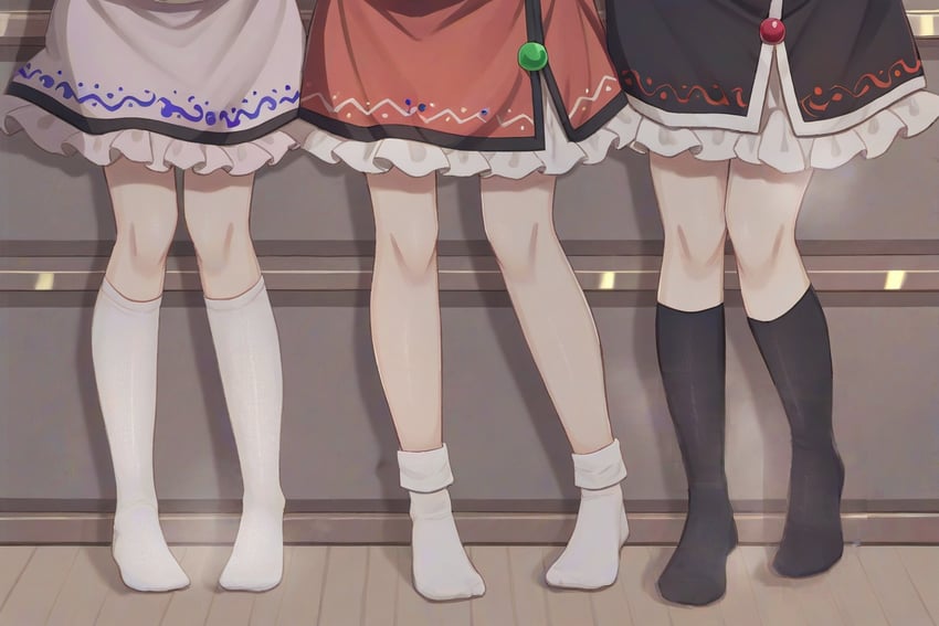 3girls, black_skirt, black_socks, commentary_request, feet, frilled_skirt, frills, japanese_commentary, kneehighs, legs, lo558, lunasa_prismriver, lyrica_prismriver, merlin_prismriver, multiple_girls, no_shoes, novelai, pink_skirt, red_skirt, skirt, socks, standing, touhou, white_socks
