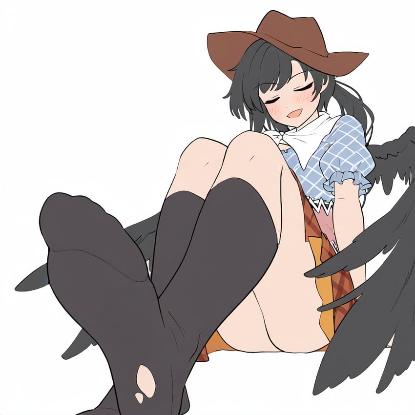 1girl, :d, bandana, black_hair, black_socks, black_wings, blue_dress, brown_dress