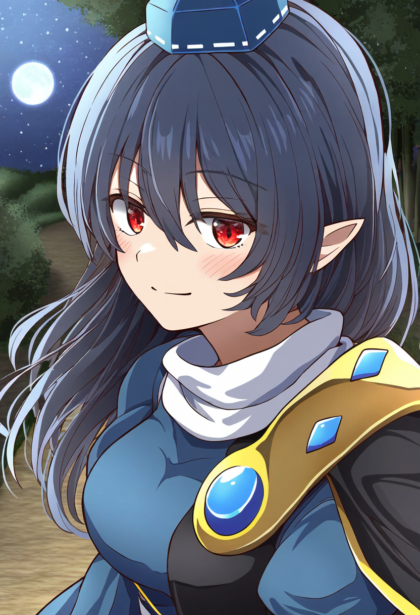 1girl, bangs, blue_dress, blue_hair, blue_headwear, blush, breasts, closed_mouth