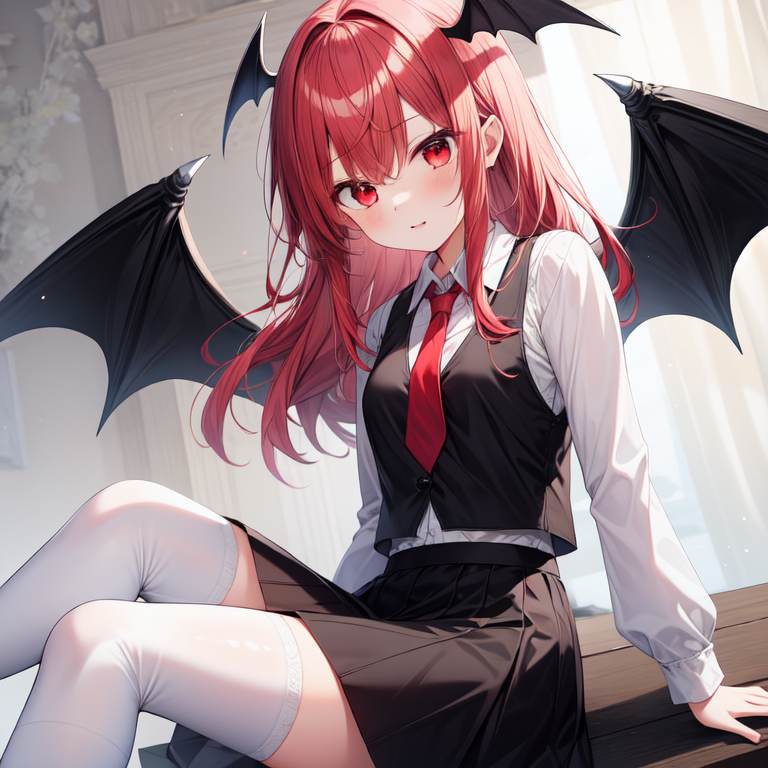 1girl, arm_support, bangs, black_skirt, black_vest, black_wings, blush, breasts