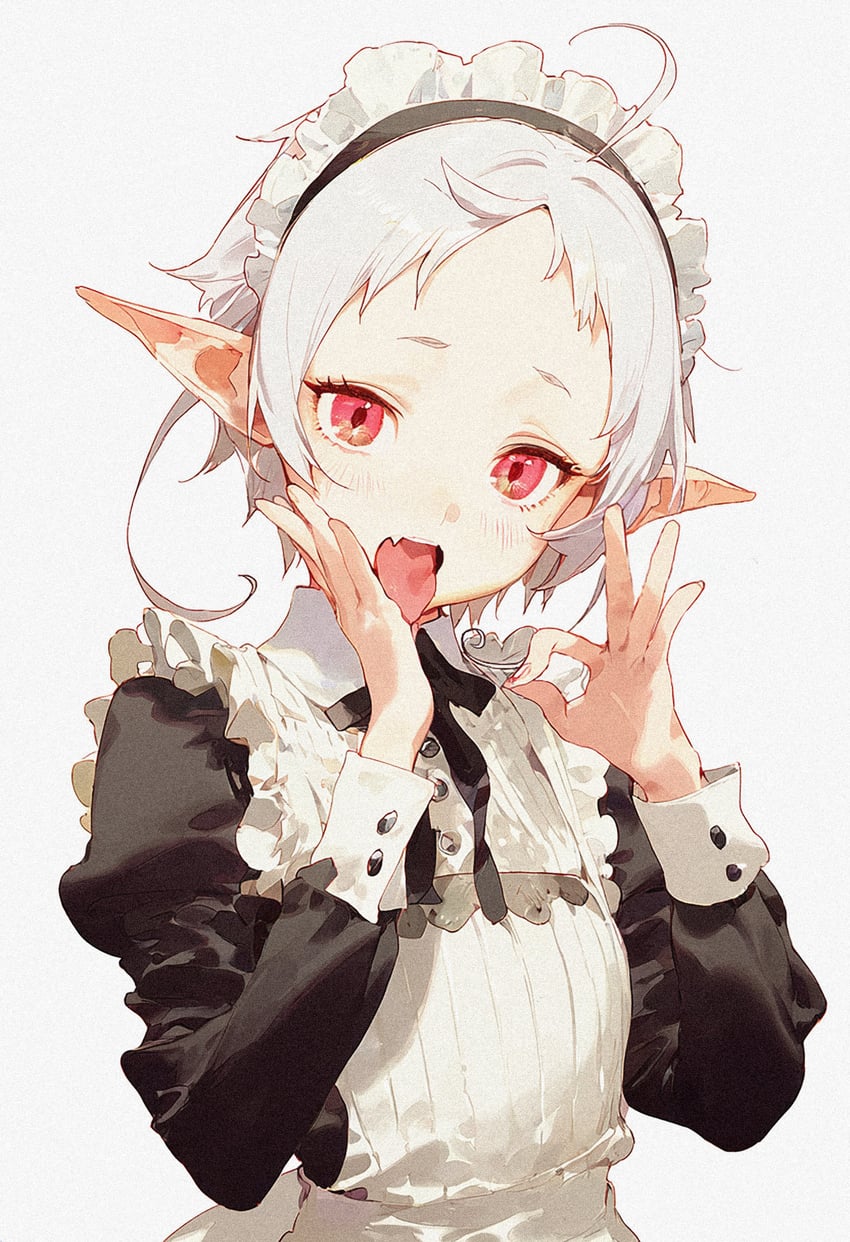 1girl, absurdres, alternate_costume, bad_id, bad_twitter_id, breasts, elf, enmaided