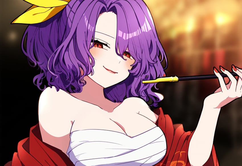 1girl, blurry, blurry_background, breasts, chest_sarashi, cleavage, holding, holding_smoking_pipe, kagami_(user_pkfn8372), kiseru, komakusa_sannyo, looking_at_viewer, novelai, purple_hair, red_eyes, red_nails, ribbon, sarashi, smoking_pipe, solo, touhou, upper_body, yellow_ribbon