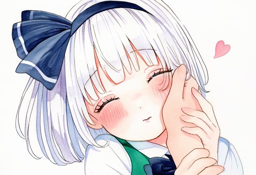 1girl, 1other, bangs, black_bow, blush, bow, bowtie, closed_eyes