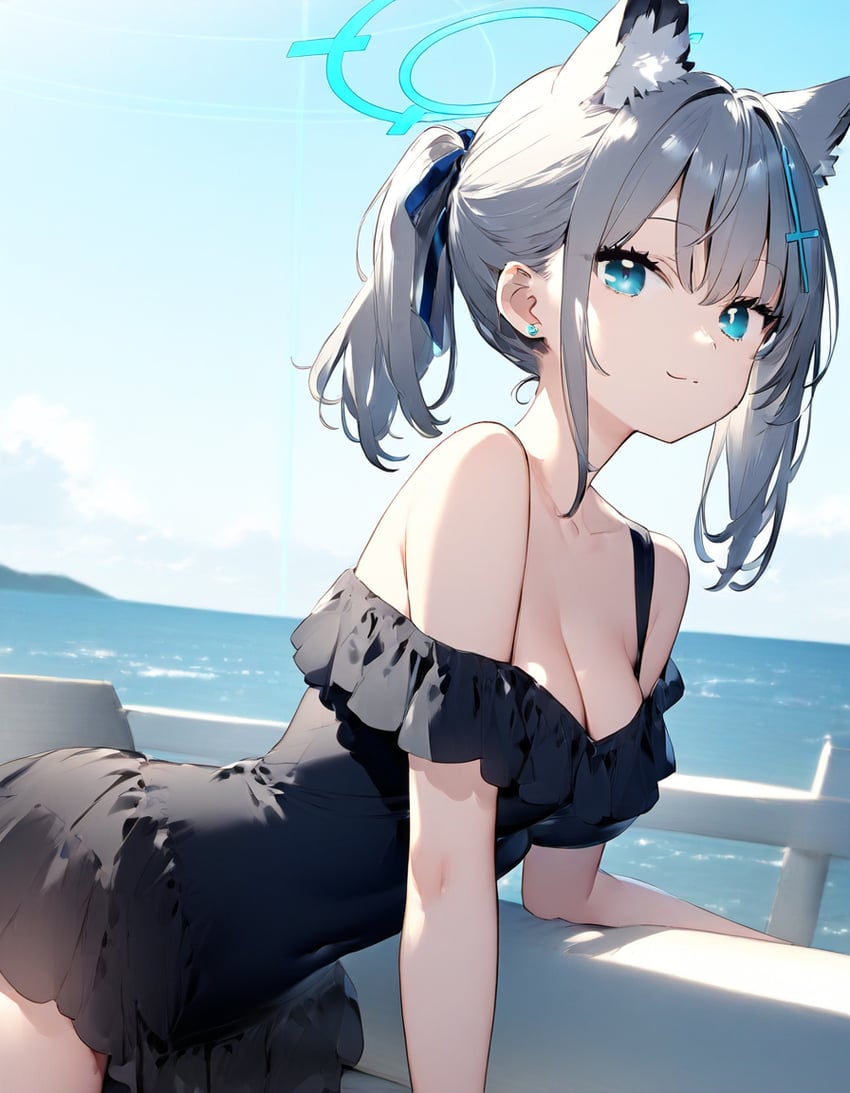 1girl, alternate_costume, animal_ear_fluff, bad_horizon, bare_shoulders, black_dress, blue_archive, blue_eyes, blue_halo, blue_sky, breasts, bright_pupils, cleavage, closed_mouth, collarbone, commentary_request, cowboy_shot, cross_hair_ornament, day, dress, earrings, error, extra_ears, frilled_dress, frills, grey_hair, hair_ornament, halo, horizon, japanese_commentary, jewelry, leaning, leaning_forward, light_smile, medium_breasts, mismatched_pupils, model_request, ocean, off_shoulder, outdoors, ponytail, shiroko_(blue_archive), short_dress, short_hair, sky, solo, split_mouth, sunlight, tocotoco365, water, white_pupils