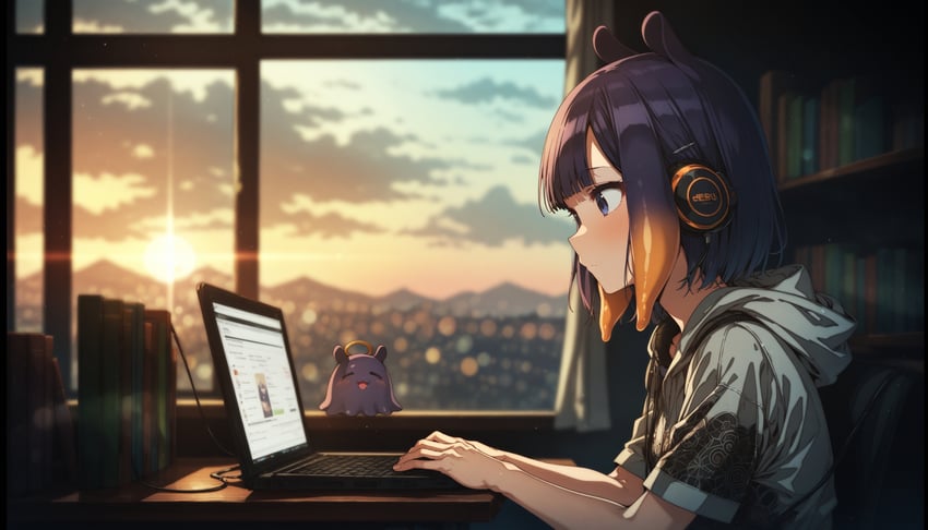 1girl, absurdres, animaginexl, bangs, casual, computer, curtains, drawfag