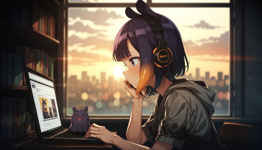 1girl, absurdres, animaginexl, bangs, blunt_bangs, bookshelf, casual, computer