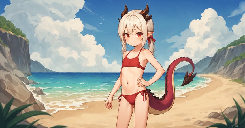 1girl, absurdres, autismmix, bangs, bare_arms, bare_legs, bare_shoulders, beach, bikini, blonde_hair, blue_sky, blush, closed_mouth, cloud, collarbone, day, dragon_girl, dragon_horns, dragon_tail, first-party_edit, flat_chest, grass, hair_intakes, hair_ribbon, hand_on_own_waist, highres, horizon, horns, inpainted, landscape, light_blush, light_smile, loli, long_hair, long_tail, looking_at_viewer, medium_hair, nature, navel, non-web_source, ocean, original, outdoors, pointy_ears, ponytail, red_bikini, red_eyes, red_ribbon, ribbon, sand, self-upload, side-tie_bikini_bottom, sirius_fw, sky, slit_pupils, smile, solo, standing, swimsuit, tail, water, white_hair