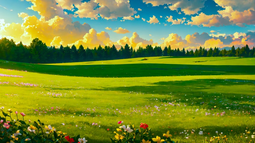 absurdres, blue_sky, cloud, cloudy_sky, cumulonimbus_cloud, day, field, flower