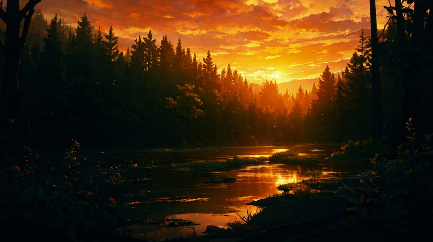 absurdres, bush, cloud, cloudy_sky, dusk, evening, forest, glowing