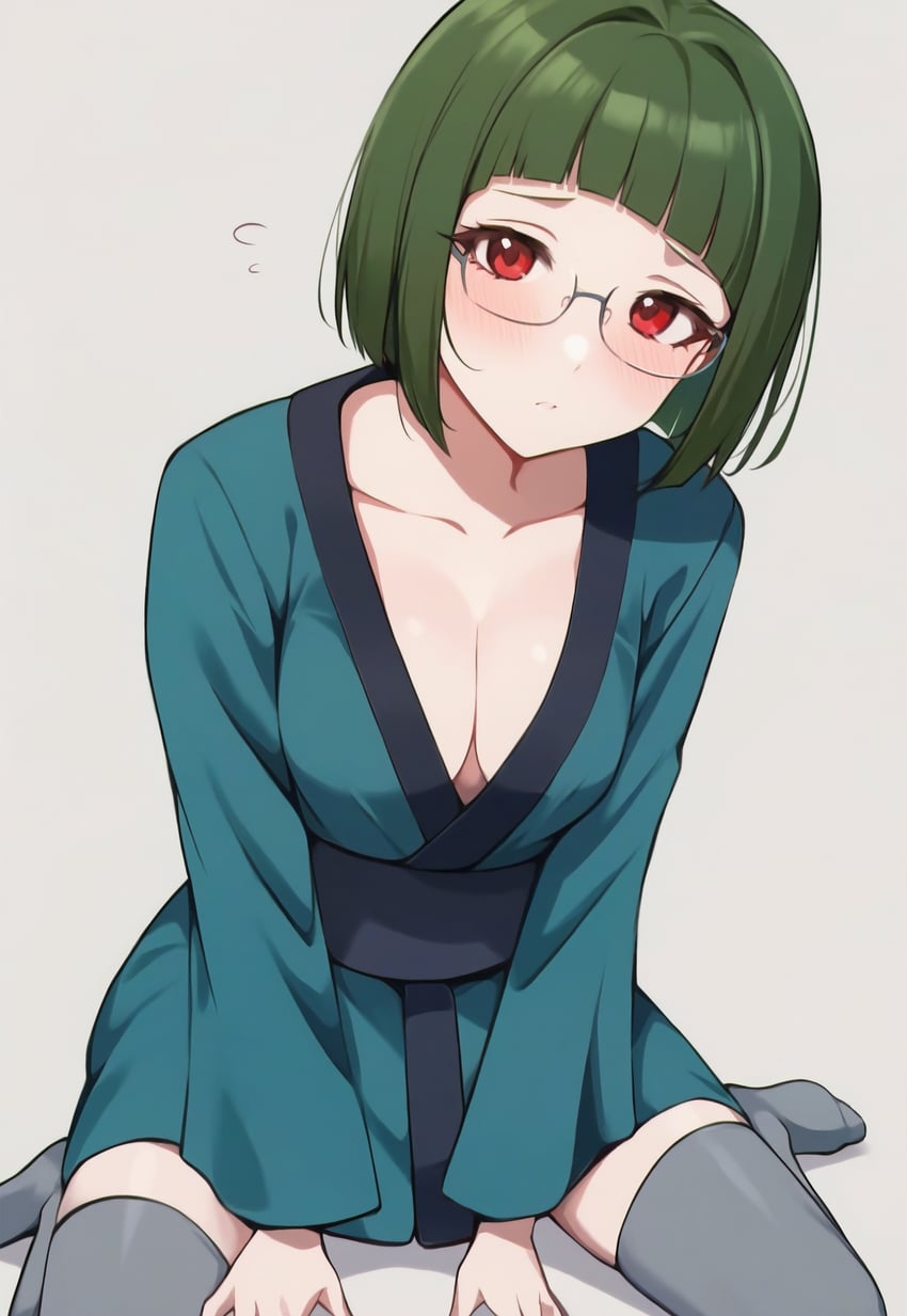 1girl, aqua_kimono, arms_between_legs, autismmix, bangs, blunt_bangs, blush, bob_cut