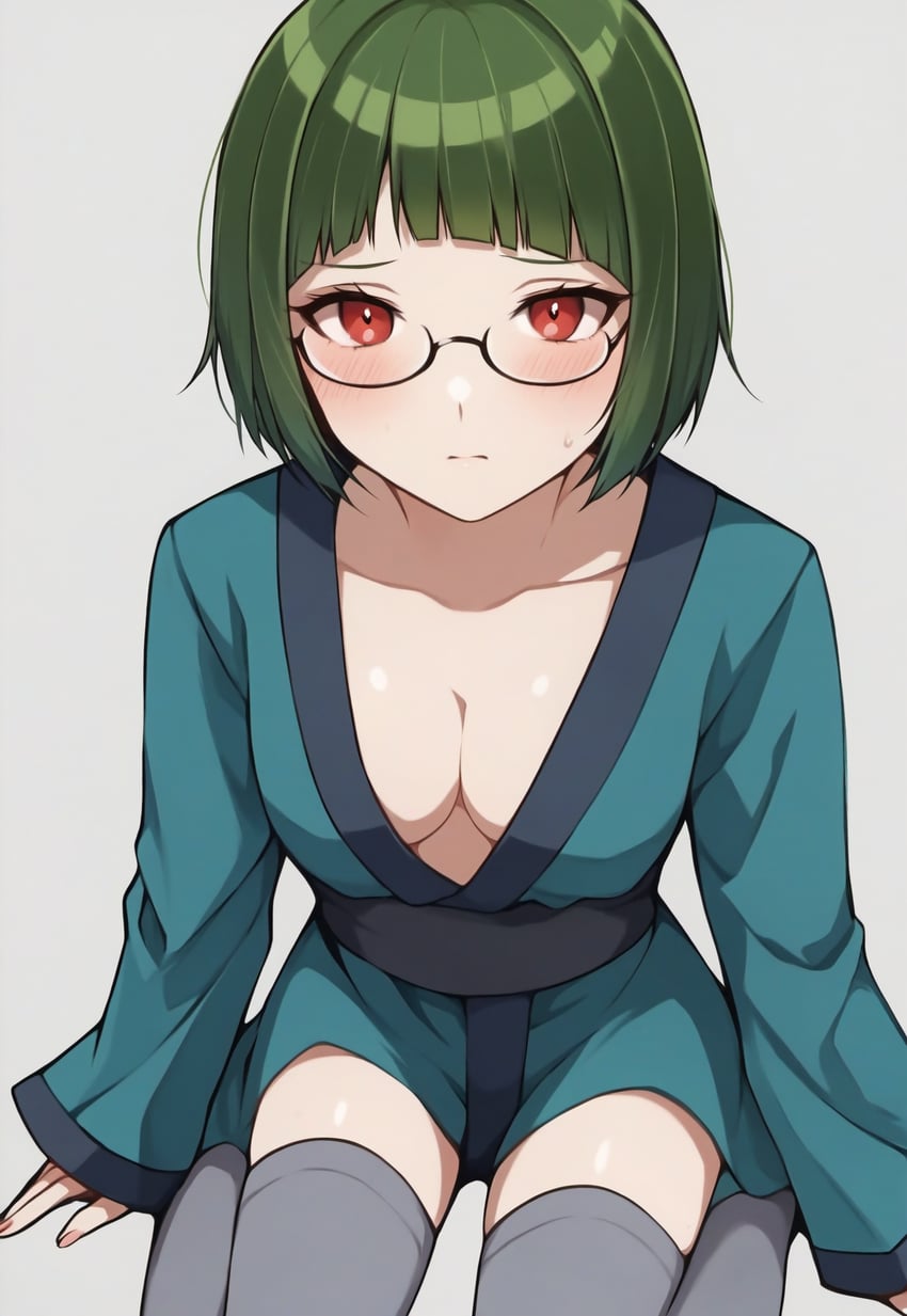 1girl, aqua_kimono, arms_at_sides, autismmix, bangs, black-framed_eyewear, blunt_bangs, blush