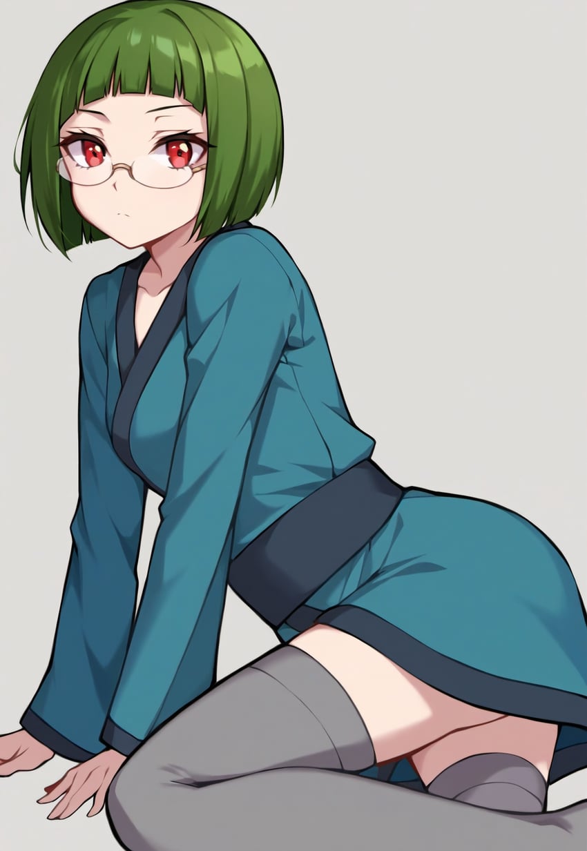 1girl, aqua_kimono, arm_support, ass, autismmix, bangs, blunt_bangs, bob_cut