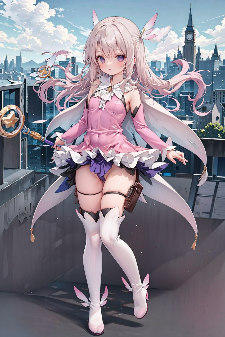 1girl, bare_shoulders, blush, boots, brown_hair, covered_navel, day, detached_sleeves, dress, fate/kaleid_liner_prisma_illya, fate_(series), frilled_dress, frills, full_body, gradient_hair, holding, holding_wand, illyasviel_von_einzbern, impossible_clothes, light_particles, long_hair, long_sleeves, looking_at_viewer, microdress, model_request, multicolored_hair, outdoors, pink_dress, pink_eyes, pink_hair, pink_sleeves, prisma_illya_(zwei_form), self-upload, sleeveless, sleeveless_dress, solo, standing, standing_on_one_leg, taumbahay, thigh_boots, thigh_strap, thighhighs, two-tone_hair, wand, white_hair, white_thighhighs