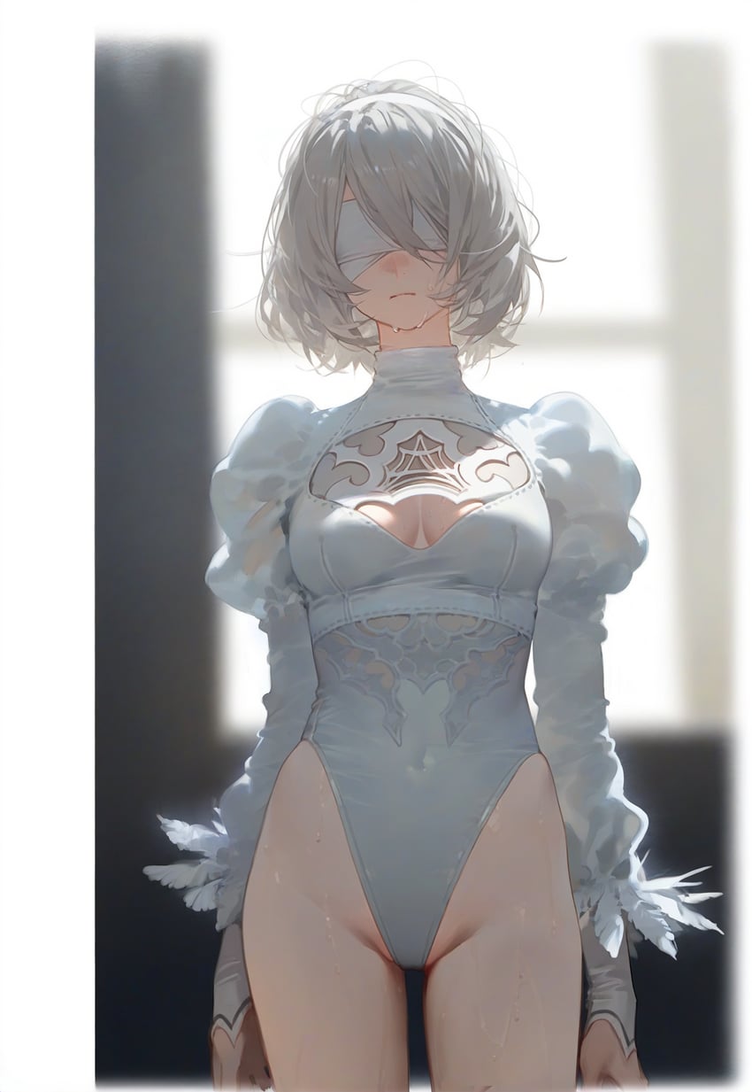1girl, 2b_(nier:automata), absurdres, arms_at_sides, bangs, blindfold, blurry, blurry_background, breasts, cleavage_cutout, closed_mouth, clothing_cutout, commentary, cowboy_shot, deadpurity, depth_of_field, english_commentary, facing_viewer, feather-trimmed_sleeves, hair_between_eyes, hair_whiskers, highres, juliet_sleeves, leotard, long_sleeves, medium_breasts, model_request, nier_(series), nier_automata, official_alternate_costume, puffy_sleeves, short_hair, solo, standing, sweat, white_blindfold, white_hair, white_leotard