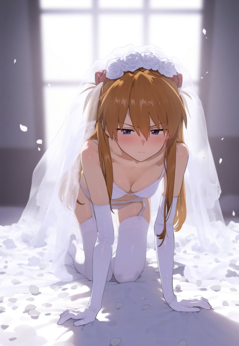1girl, :|, all_fours, bad_id, bad_twitter_id, bangs, blue_eyes, blush, bra, breasts, bridal_veil, brown_hair, cleavage, closed_mouth, collarbone, commentary_request, elbow_gloves, embarrassed, falling_petals, flower_wreath, frown, garter_belt, gloves, hair_between_eyes, half-closed_eyes, indoors, interface_headset, japanese_commentary, lace-trimmed_legwear, lace-trimmed_thighhighs, lace_trim, light_brown_hair, light_frown, long_hair, looking_at_viewer, lucifel, neon_genesis_evangelion, novelai, panties, petals, small_breasts, solo, souryuu_asuka_langley, thighhighs, underwear, veil, white_bra, white_garter_belt, white_gloves, white_panties, white_thighhighs, white_veil, window