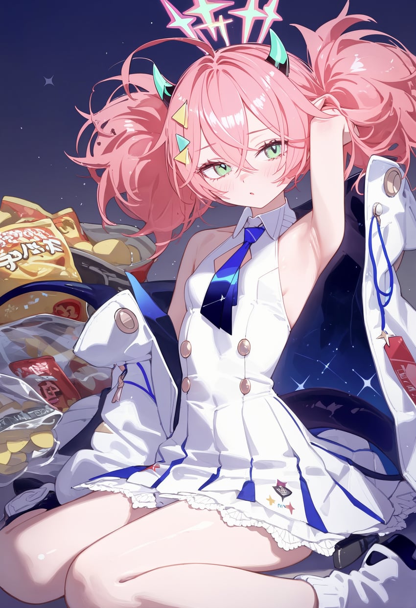 1girl, absurdres, ahoge, arm_behind_head, arm_up, armpits, bag_of_chips, bangs, bare_arms, bare_shoulders, blue_archive, blue_necktie, blush, boots, breasts, buttons, chips_(food), closed_mouth, coat, collared_dress, dress, feet_out_of_frame, food, frilled_dress, frills, green_eyes, hair_between_eyes, hair_ornament, hairclip, halo, hand_in_own_hair, highres, holding, horns, incredibly_absurdres, jacket, jacket_partially_removed, light_blush, long_hair, looking_at_viewer, loose_socks, model_request, momoka_(blue_archive), multicolored_clothes, multicolored_jacket, necktie, off_shoulder, open_clothes, open_jacket, parted_lips, pink_hair, potato_chips, shoes, sidelocks, simple_background, sitting, sleeveless, sleeveless_dress, small_breasts, sneakers, socks, solo, tail, thighs, twintails, wariza, white_coat, white_dress, white_footwear, white_jacket, white_socks, yuribunmix