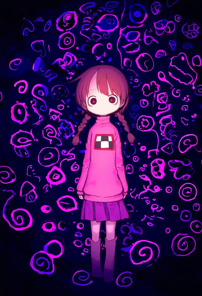 1girl, abstract_background, aojiroi, arms_at_sides, bags_under_eyes, blue_background, braid, bright_pupils