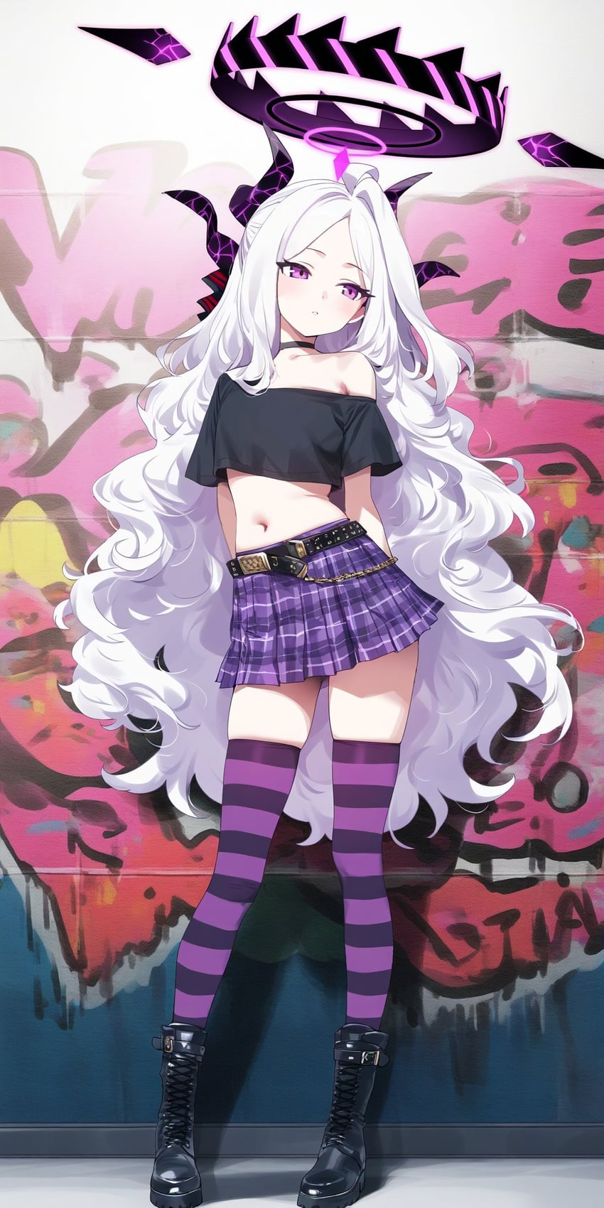 1girl, arms_behind_back, bangs, belt, belted_skirt, black_belt, black_choker, black_footwear, black_halo, black_shirt, blue_archive, boots, breasts, checkered_clothes, choker, commentary_request, crowna, day, demon_horns, eyelashes, full_body, graffiti, halo, highres, hina_(blue_archive), horns, japanese_commentary, legs, light_blush, long_hair, looking_to_the_side, midriff, miniskirt, model_request, navel, off_shoulder, outdoors, parted_bangs, parted_lips, plaid, plaid_skirt, purple_eyes, purple_halo, purple_skirt, purple_thighhighs, shirt, short_sleeves, sidelocks, skirt, small_breasts, solo, standing, strapless, strapless_shirt, striped, striped_clothes, striped_thighhighs, thighhighs, thighs, two-tone_halo, very_long_hair, wavy_hair, white_hair