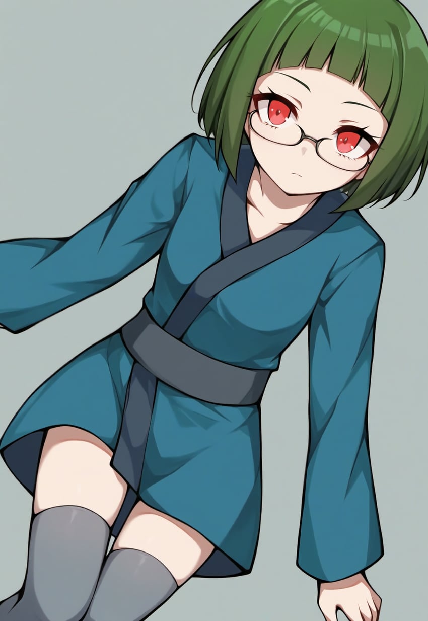 1girl, aqua_kimono, bangs, blunt_bangs, bob_cut, breasts, closed_mouth, collarbone