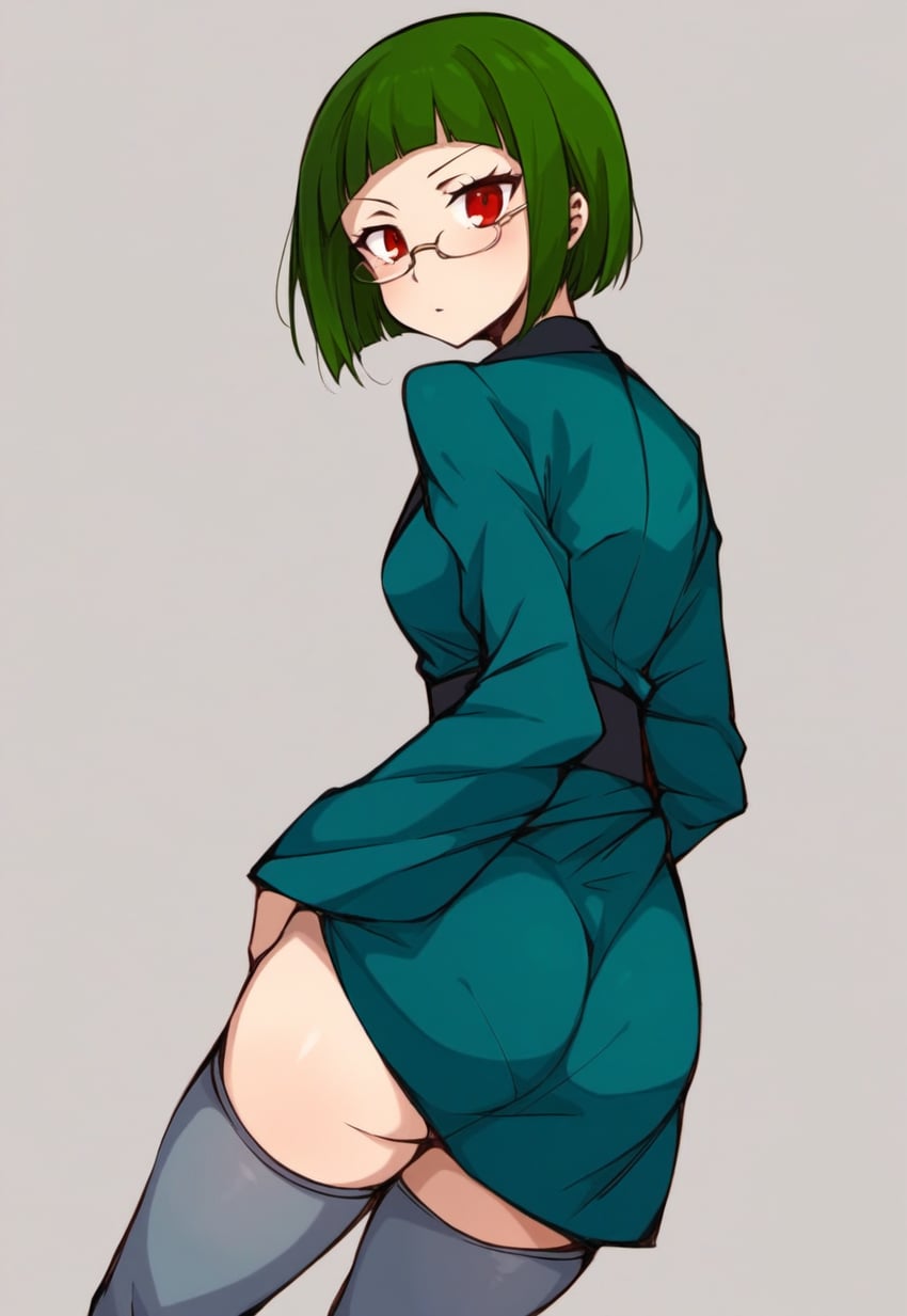 1girl, aqua_kimono, ass, back, bangs, blunt_bangs, blush, bob_cut